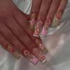 24Pcs Long Square Press On Nails Leopard Print French 3D Cherry Design False Nail Rhinestone Wearable Full Cover Fake Nails Tips