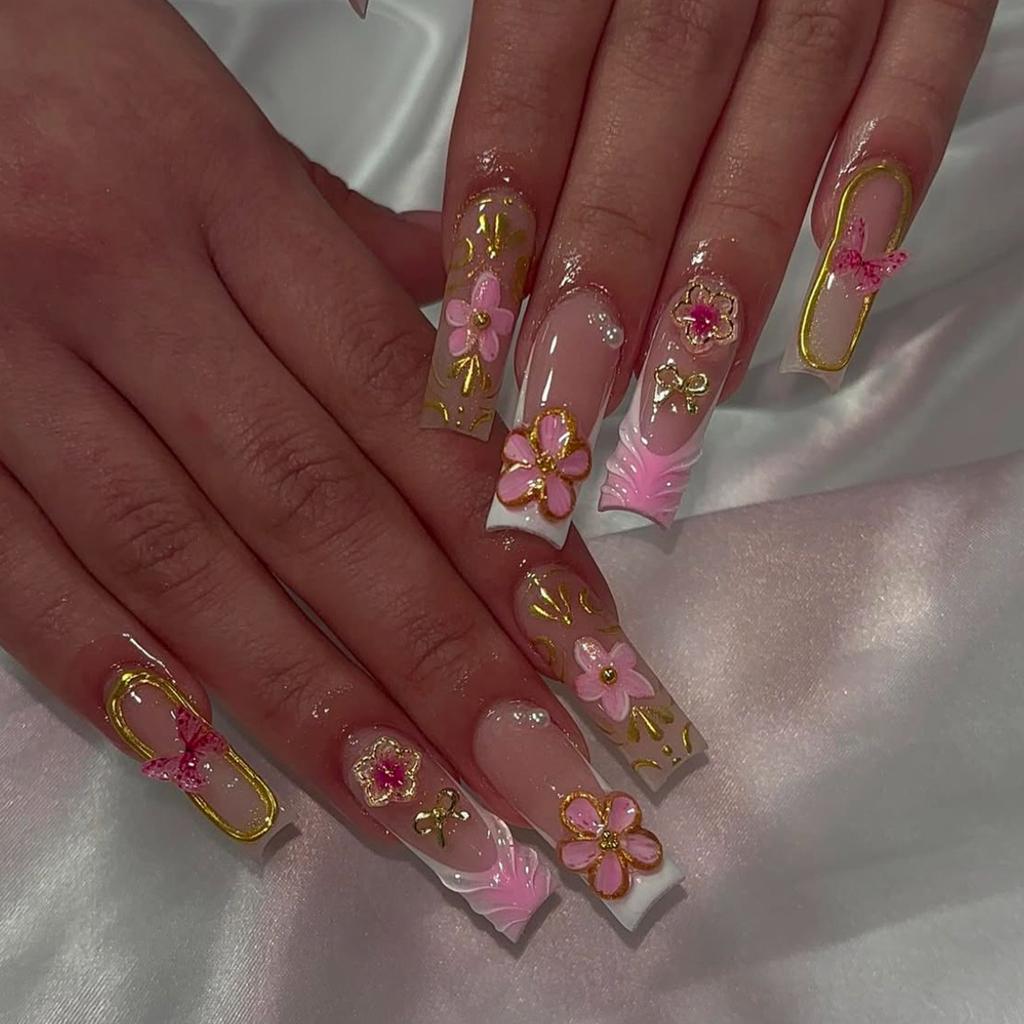24Pcs Long Square Press On Nails Leopard Print French 3D Cherry Design False Nail Rhinestone Wearable Full Cover Fake Nails Tips
