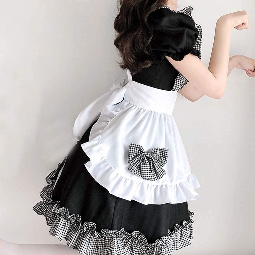 JUNDOMECY Cute Checkered Maid Plus Size Maid Short Black and Photo School Party Costume, High-Quality Set, Small, Cosplay, Sleeves, Ruffles, White,