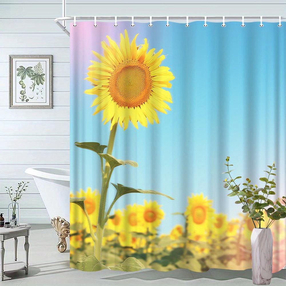 1pc Sunflower Shower Curtain Pattern Bright Sunshine Floral Landscape Bathroom Decoration Polyester Fabric Contains 12 Hooks