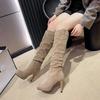 10CM Knee-High Boots Women Pointed Toe Black Zipper Autumn Winter Plush High Heels Female Shiny Pleated High Heel Botas