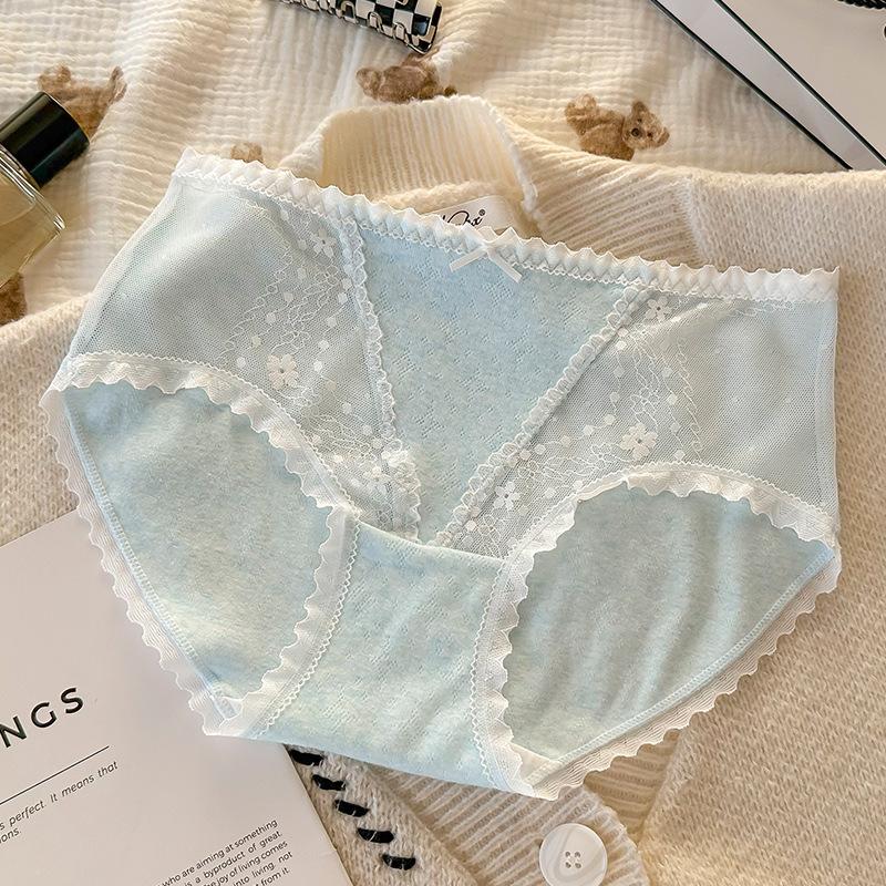 Женские весенне-осенние милые кружевные хлопковые трусики-треугольники со средней посадкой из сетчатой пряжи M синий