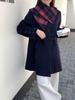 Women's Mid-Length Double-Faced Wool Coat with Detachable Plaid Collar and Tie-Waist