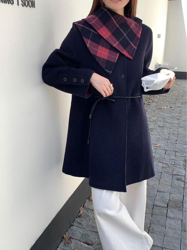 Women's Mid-Length Double-Faced Wool Coat with Detachable Plaid Collar and Tie-Waist