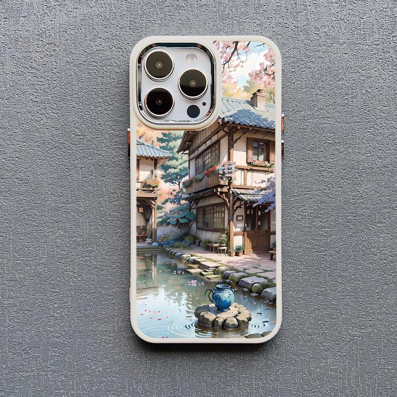 Vintage Oil Painting House Phone Case For iPhone 16 15 14 Pro Max 11 13 12 Pro MAX 7 8 Plus XR X Flower Courtyard Silicone Cover