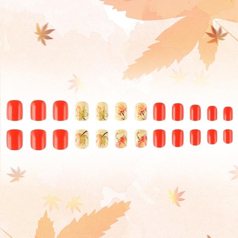 24PCS Elegant Maple Leaf False Nail ABS Build Artificial Nail Easy Application Multiple Sizes For Daily Comfort Wear