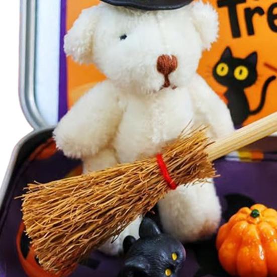 Halloween Bear In A Box for Trick or Treat Handmade Witch Bear In Box Miniature Plush Bear with Witch Hat Broom Pumpkin Cat for Halloween Party