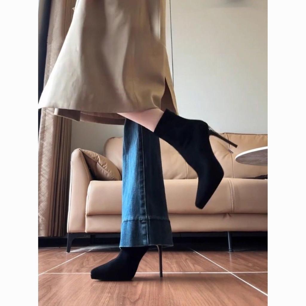 Super high women's elastic short boots street thin boots medium boots pointed waterproof table suede