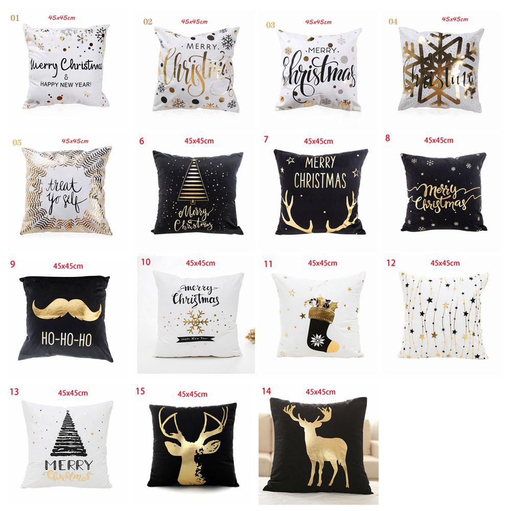 Hot Bronzing Soft Sofa Waist Square Pillowcase Cushion Cover Gold Print Merry Christmas