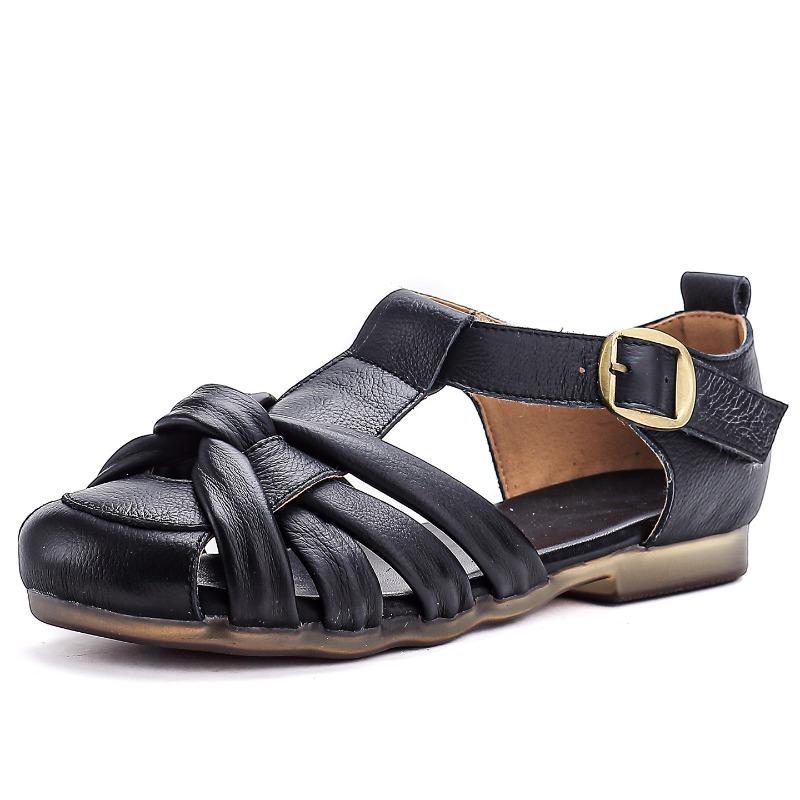 Genuine leather summer new beef tendon sole retro sandals women's wear comfortable soft sole low heel summer women's shoes