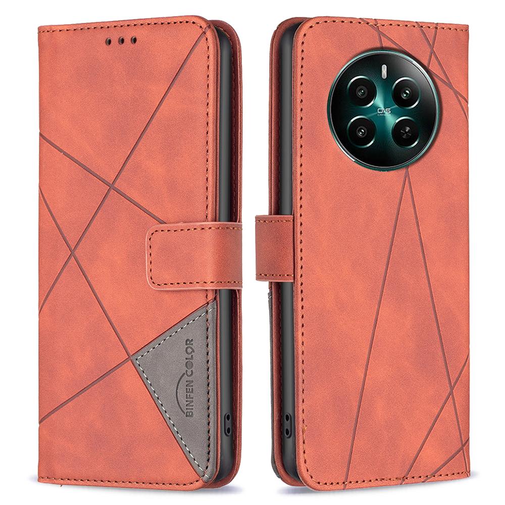 

BINFEN COLOR For Realme 12 4G/12+ 5G Phone Cases Wallet Stand Geometry Imprinted Leather Cover Brown