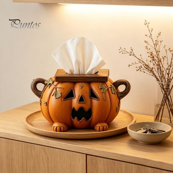 Halloween Party Supplies Pumpkin Tissue Box Holder, Resin Decorative Facial Funny Face Artistic Ornament Cover for Home Office Kitchen Living