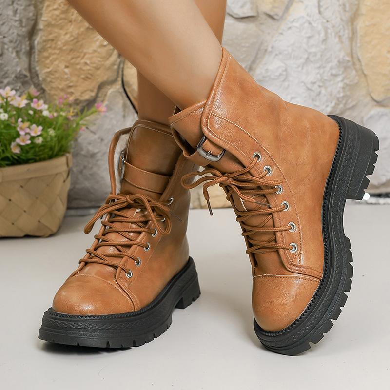 Brown Pu Leather Platform Ankle Boots Women Fashion Lace Up Short Plush Winter Boots Woman Plus Size 43 Non Slip Short Booties