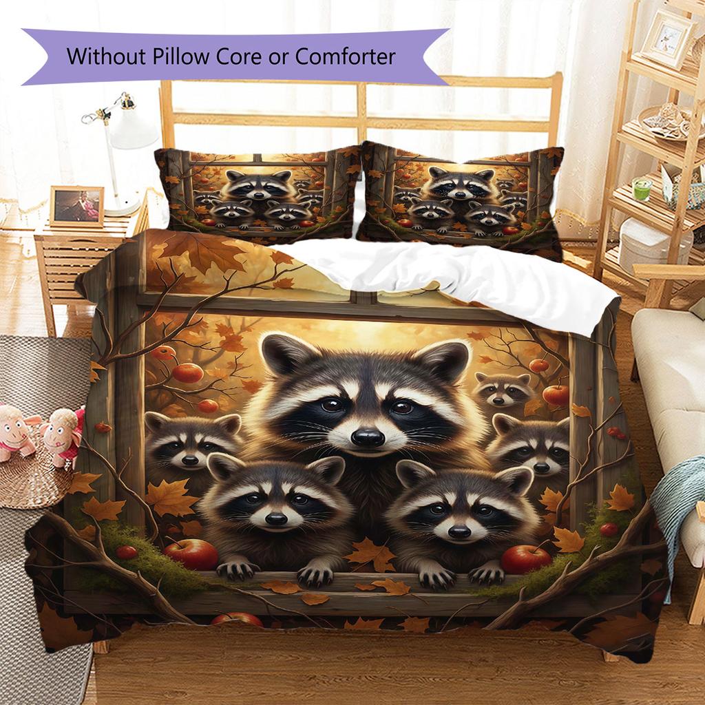 Autumn leavesanimals Pattern Bedding Quilt Set Quilt Cover Pillowcase Home Decoration Birthday Gift (1 * duvet cover + 2 * pillowcase, without core)