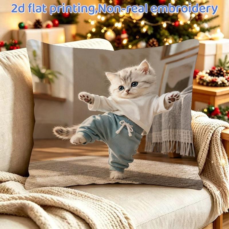 1pc 2D Flat Printing Cute Silvery Tabby Kitten Pillowcase, Single-Sided Print Without Pillow Core, Zipper Closure, 45X45Cm/18X18 Inches, Ideal Christm
