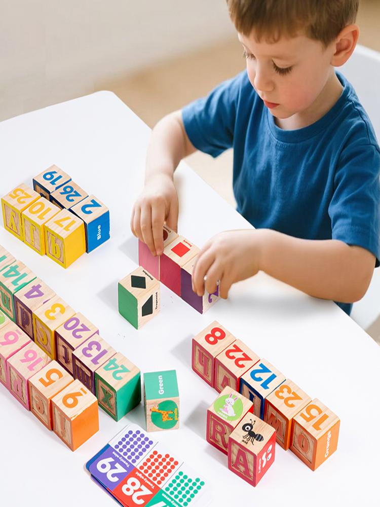 30ks Dětská Kreslená Dřevěná Sada Stavebních Kostek s Čísly a Písmeny Montessori Vzdělávací Hračka pro Děti Kluci Dívky