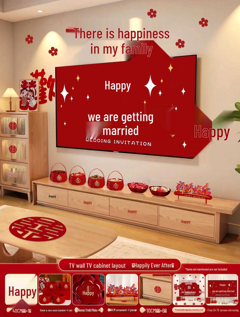 Wedding TV Background Wall Decoration - Double Happiness Bedroom Set