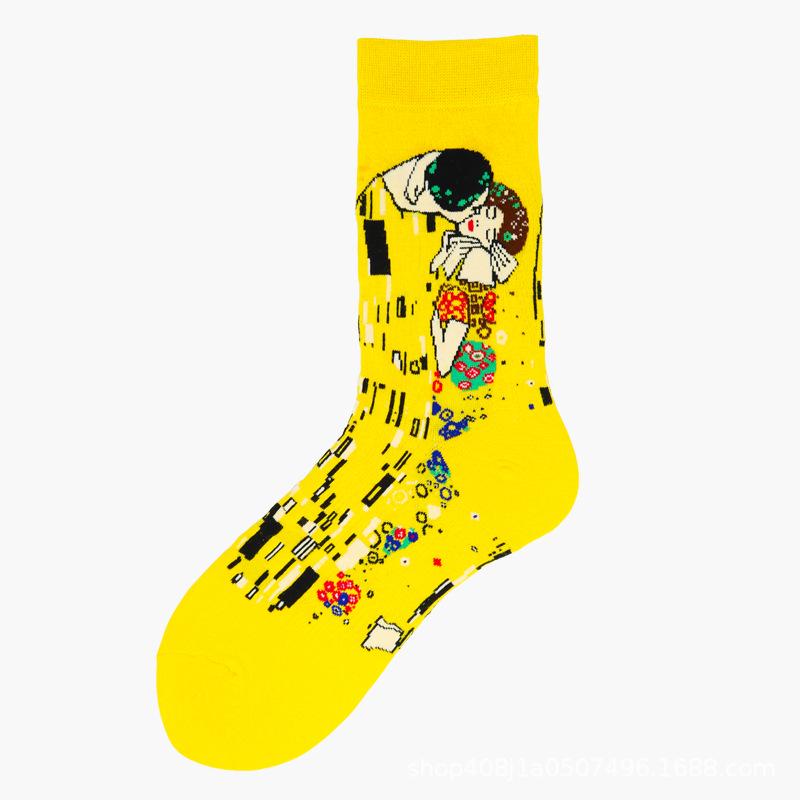 European & American Creative Oil Painting Mid-Calf Socks: Trendy Autumn/Winter High-Tube Cotton Socks