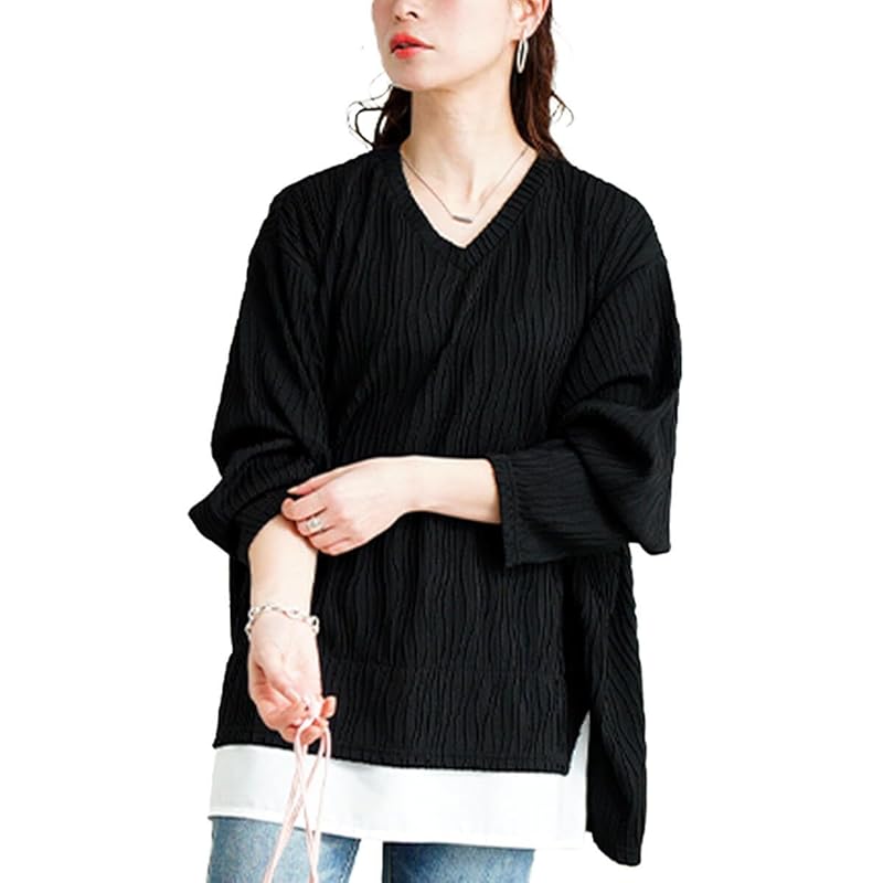 

[Gold Japan] large size ladies tops cut and sew long sleeve V-neck pleats dolman stretch fake long winter coordination spring autumn plan-271600 4L-5L