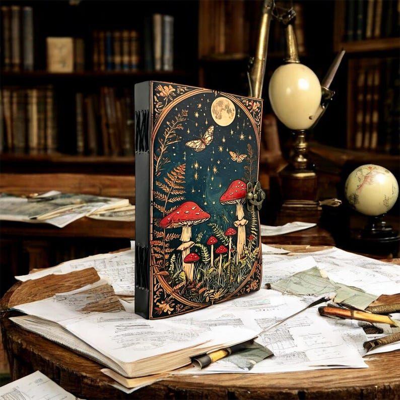 Moon & Mushroom Vintage Diary – Handmade Locking Journal