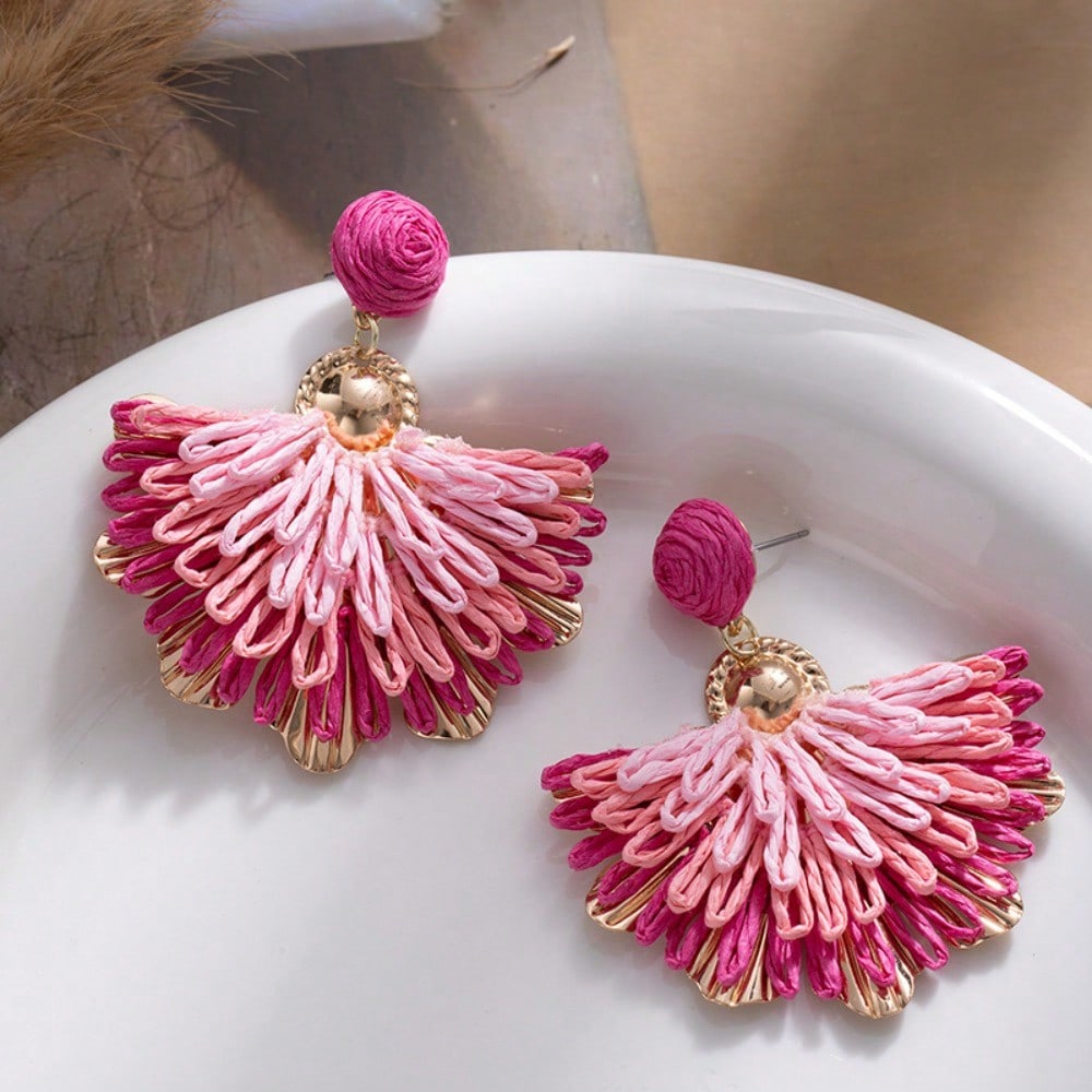 Ethnic Style Hand-woven Colored Fan-shaped Flower Earrings, High-end Bohemian Vacation Earrings