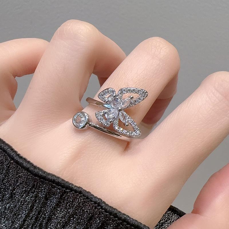 Elegant Full Diamond Exquisite Butterfly Opening Ring Adjustable Stacking High-End Niche Design Index Finger Ring