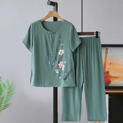 Cotton Linen Two Piece Outfit for Elderly Women Loose Floral Short Sleeve