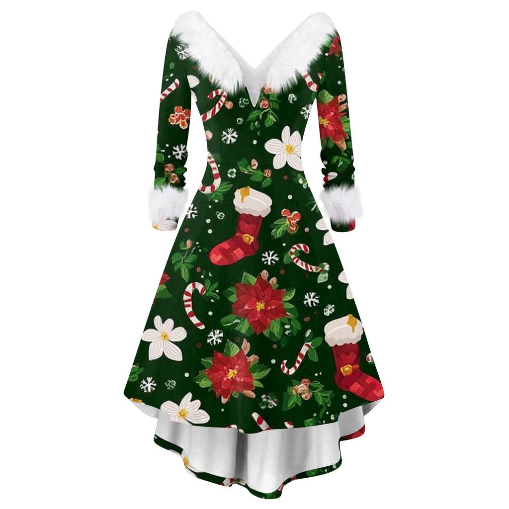 Dame Mote Casual V-hals Juleprint Langermet Kjole