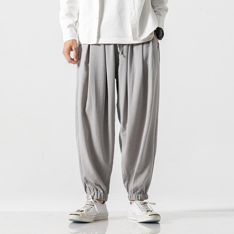 Cotton and linen elastic waist large size Harlan pants retro bloomers Hong Kong style wide leg wide leg leggings