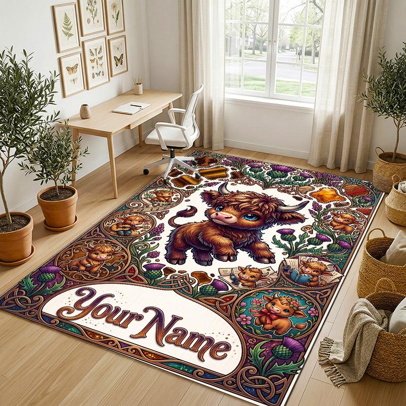 Cow Highland Theme Crystal Velvet Rug Personalized Custom Name Text Soft Floor Mat Home Decor
