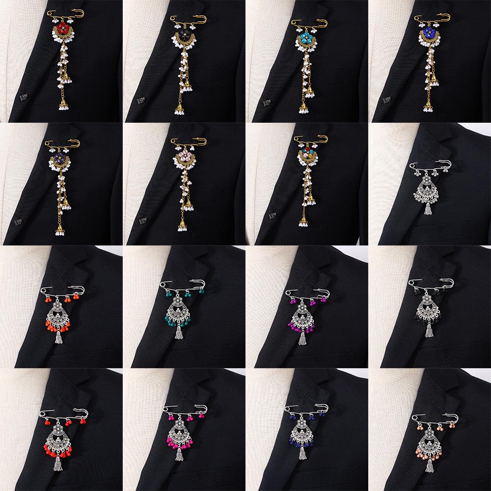 Bohemian Rhinestone Flower Tassel Brooch for Women - Exotic Style Suit Coat Pin