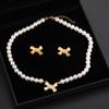 3 Pcs Set Bow Pendant Pearl Necklace Earrings Stud Set for Women Luxury Beaded Necklace Bridal Party Jewelry Set Gifts Korean