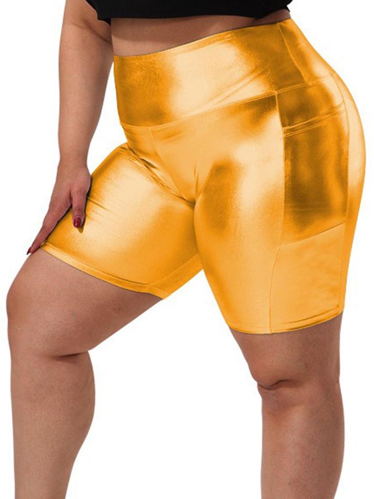 Women Large Size Foil-Stamped Shorts High Waist Shiny Metallic Elastic Shorts with Pocket