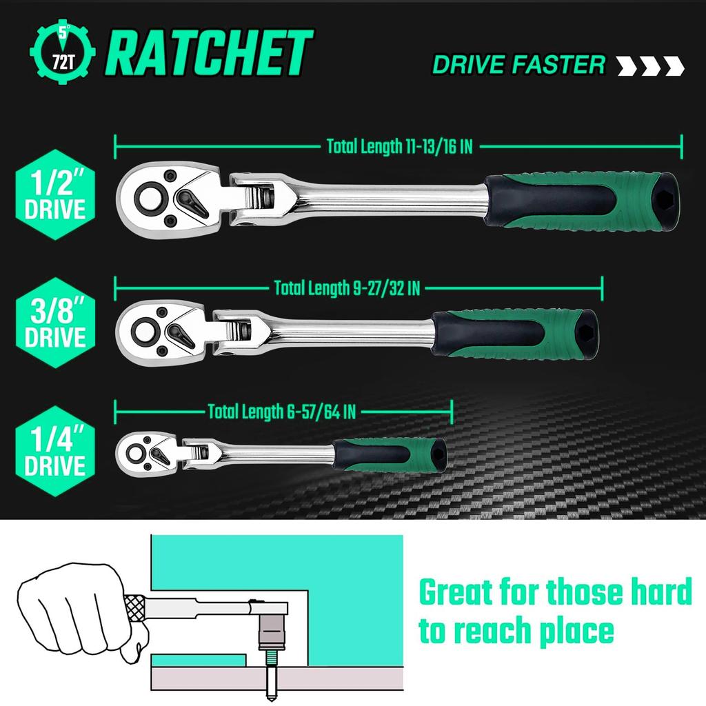 1/4 3/8 1/2 Inch Adjustable Ratchet Wrench Drive Rotating Ratchet Reversible Drive 72 Tooth Socket Wrench Morot Mechanical Tool