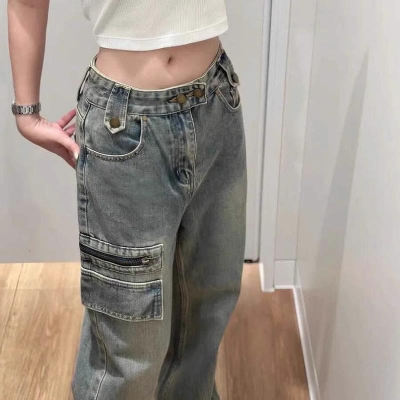 Amerikanska High Street Fickförsedda Arbetsjeans Dam Vår Höst Nya Höga Midja Knäppning Design Mångsidiga Vida Ben