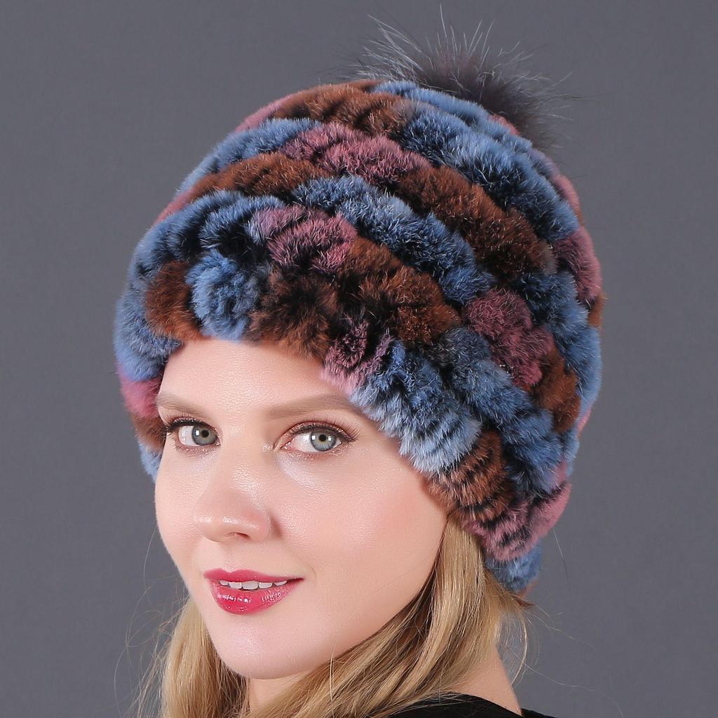 Women's Fur Hat with Rex Rabbit and Fox Fur Pompon for Autumn and Winter