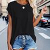 2026 Summer New Women's Solid Color Round Neck Pocket T-Shirt, Loose Casual Side Slit Short Sleeve