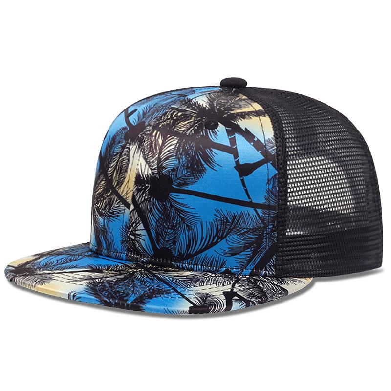 Men's Fashion Hip Hop Blue Coconut Tree Hat Brim Adjustable Baseball Hat Straight Buckle Snapback Cap Outdoor Sun Hat