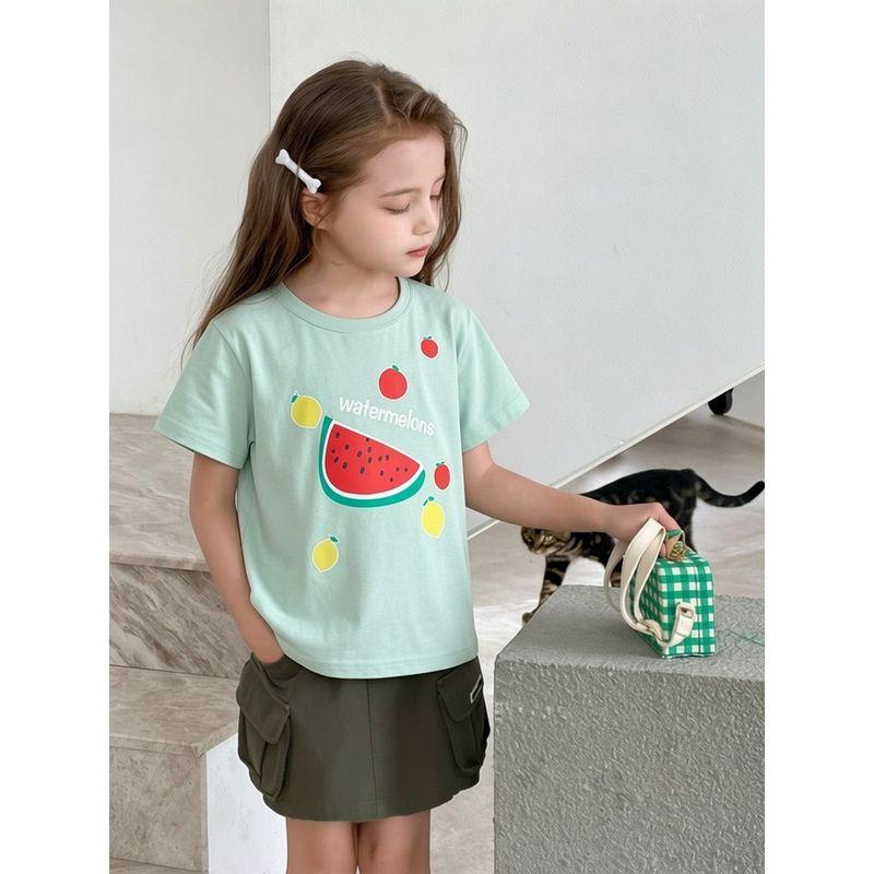 Brand Children's Clothing Summer New Style Girls' Cartoon Fruit Print Short-Sleeved Tops Korean Style Pure Cotton T-Shirts Children's Clothes