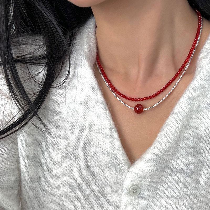 Light Luxury Agate Broken Silver Beads Stacked Necklace Women'S Autumn And Winter Retro Niche Fashion Versatile Neck Chain Sweater Chain