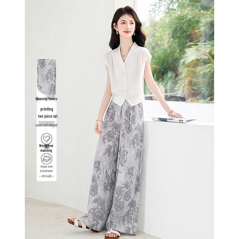 Women s Elegant Short Sleeve Top & Printed Pants Set XL