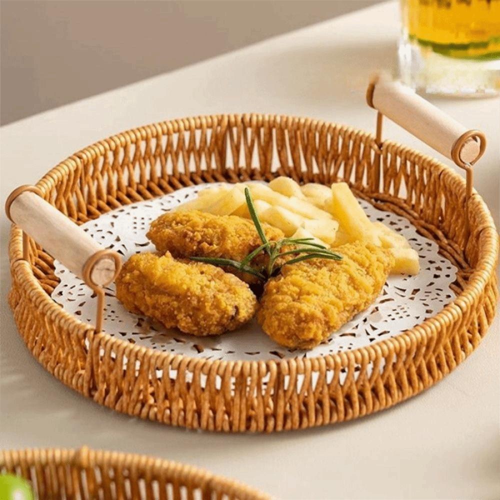 Handmade Round Rattan Storage Tray Plastic Bread Fruit Storage Tray Wicker Storage Baskets  Office