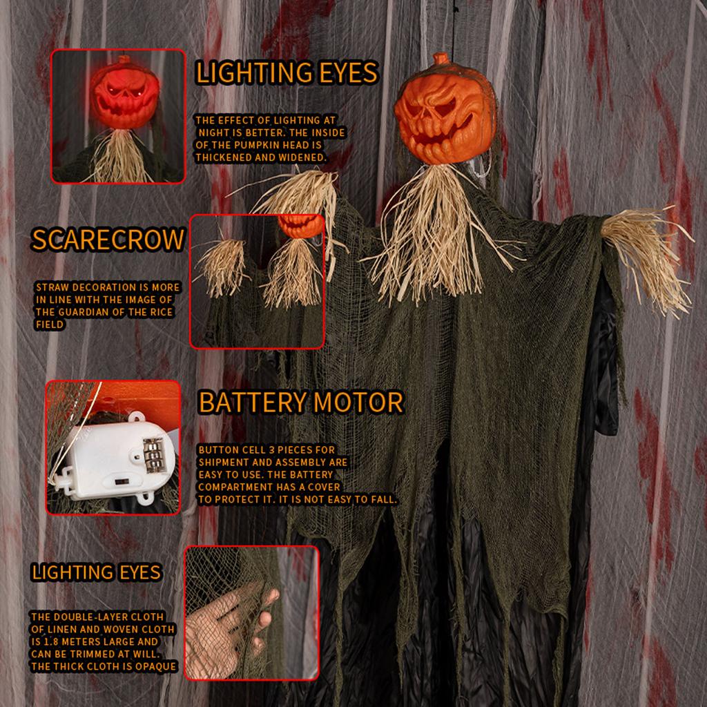 Horror Pumpkin Skull Hanging Ghost Decoration with Voice Control and Eerie Red Eyes Enhance the Spooky Atmosphere of Your Halloween Party