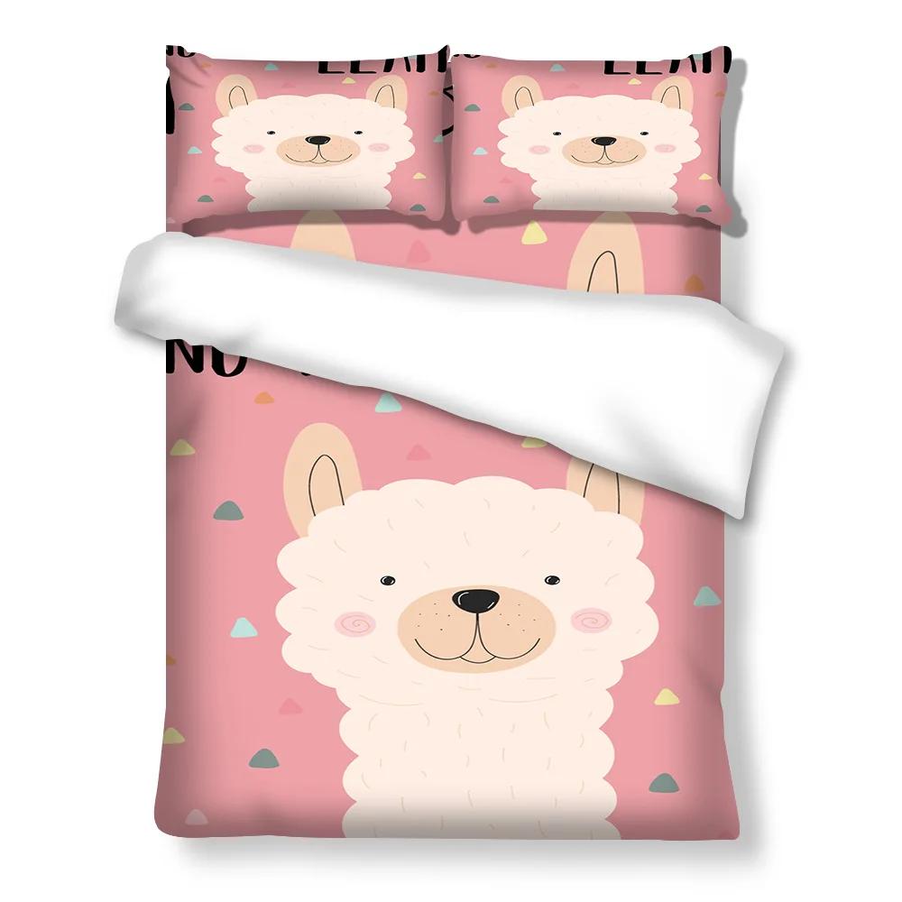 Cartoon Alpaca Duvet Cover King Queen Size Lovely White Animal Bedding Set for Kids Tropical Cactus 2/3pcs Polyester Quilt Cover
