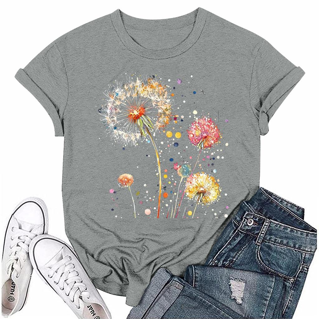 Damska modna koszulka z okrągłym dekoltem i krótkim rękawem, z nadrukiem, pulowerem