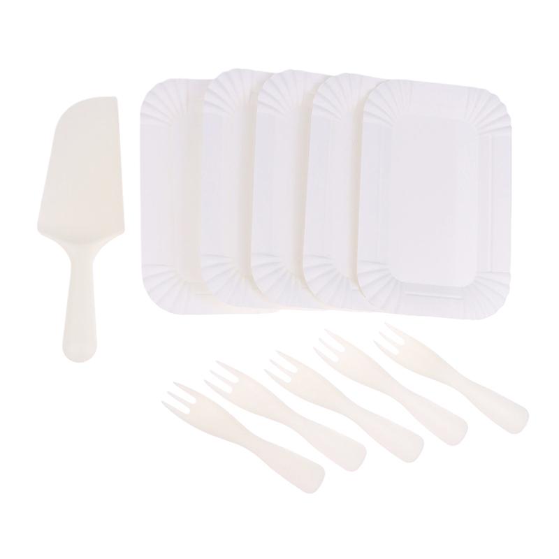 5Sets-30Sets White Birthday Cake Knife Fork Set Plastic Disposable Dinner Plate Set Baking Cake Tableware