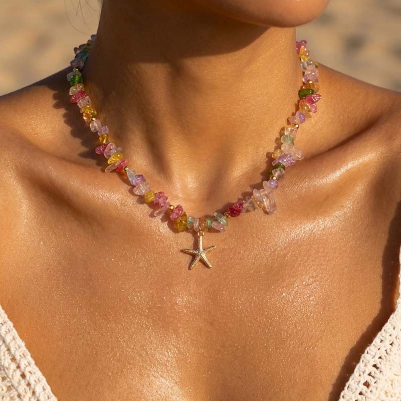 Bohemian Colorful Crystal Starfish Pendant Necklace for Women Handmade Beaded Choker Summer Beach Jewelry Gift