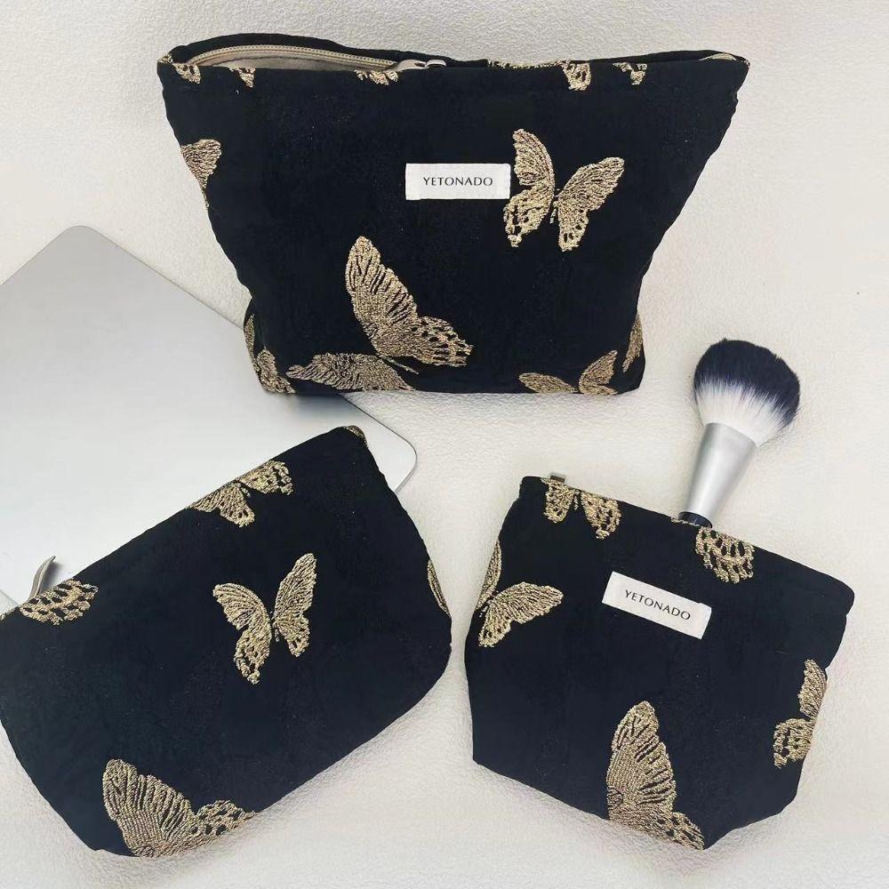 Polyester Canvas Butterfly Clutch Bag Butterfly Pattern Zipper Closure Makeup Bag Large Capacity Portable Cosmetic Organizer