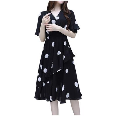 Kadın Moda Yaz V Yaka Diz Boyu Kısa Kollu Dalga Noktası Elbise