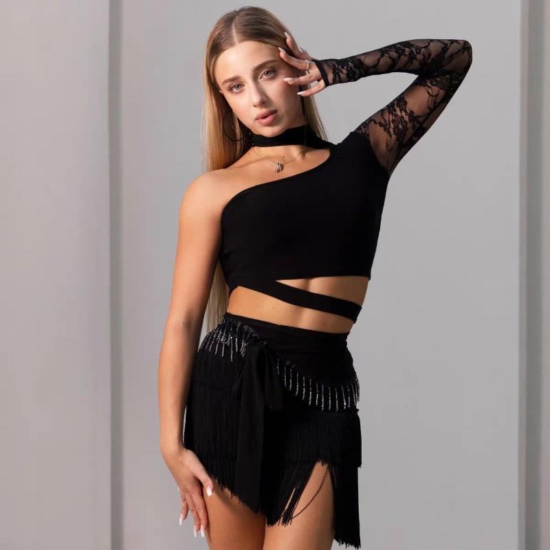 Abito da Danza Latina in Pizzo per Donne Nero Top a Manica Singola Set Gonna con Frange Costume per Allenamento Cha Cha Danza Samba Rumba Performance